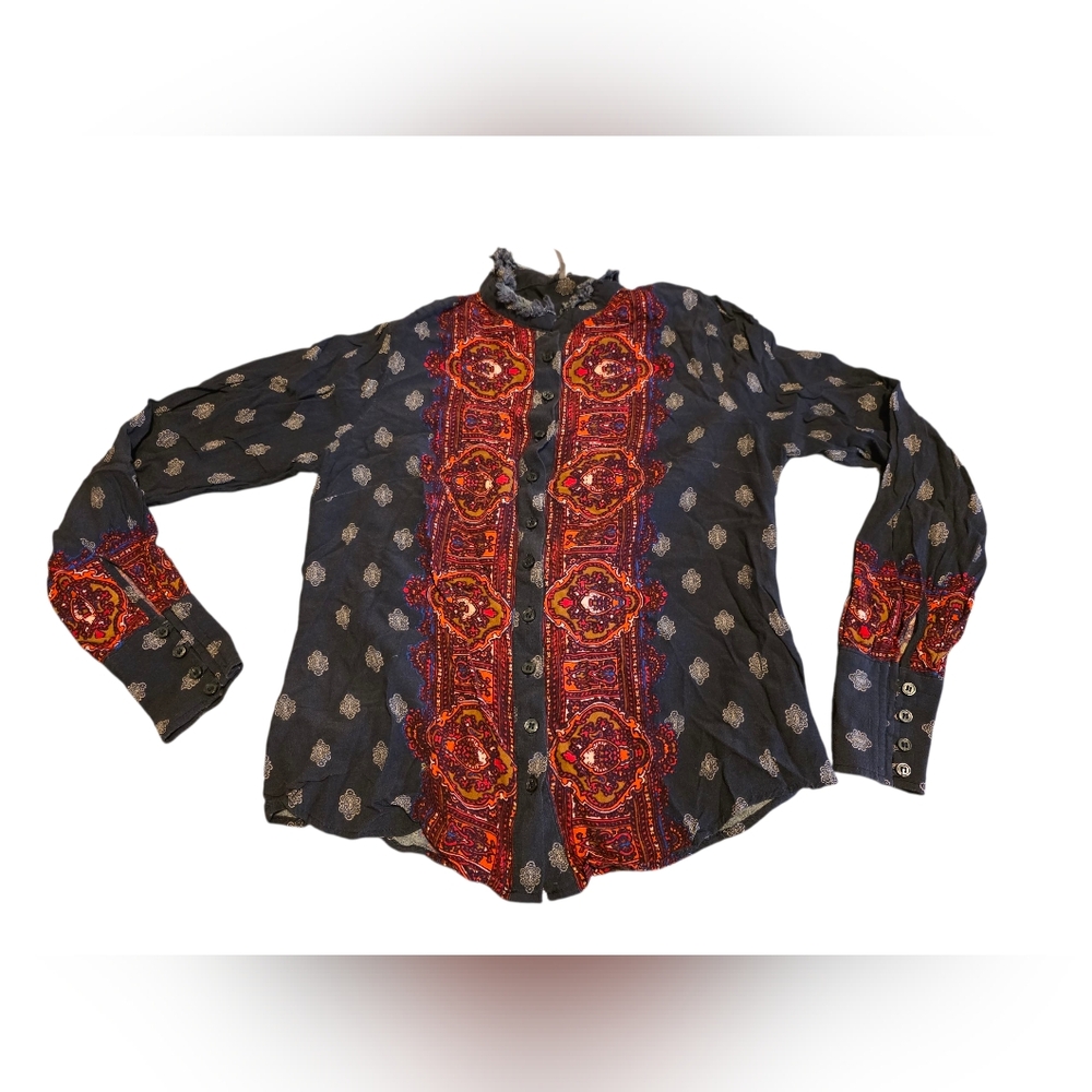 Free People Wishing Well Border Button Up Boho Print Blouse Size S